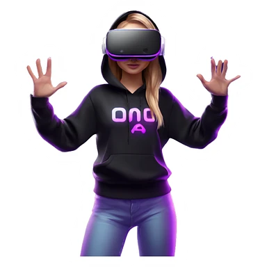 Russian girl wearing black hoody with violet letters "OMG", in vr headset oculus quest2. Standing like jedi. Cyberpunk style. Violet neon. sticker