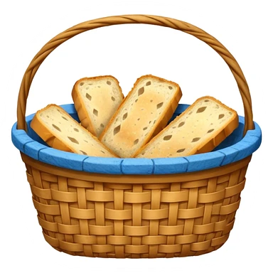 Create an emoji representing empty carbohydrate stores: depict a nearly empty bread basket with only a few crumbs left, overlaid by a fading low-battery symbol to signal depleted carb energy. sticker