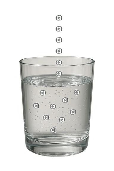 un bicchiere di acqua fluttua in aria realistico e dettagliato, dentro l'acqua del bicchiere ci sono particelle di cloro ben visibili con la scritta "Cl" sopra, ci sono particelle anche che escono dal bicchiere e fluttuano in aria verticalmente, mentre alcune sono all'interno dell'acqua nel bicchiere, iperrealistico 4k sticker