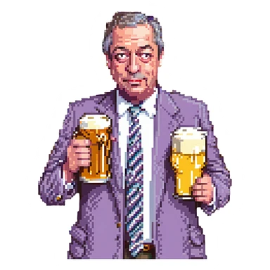 Make it funny: Nigel Farage looking grumpy but comically exaggerated, holding a pint of lager, in a pixel art style, with no background. sticker