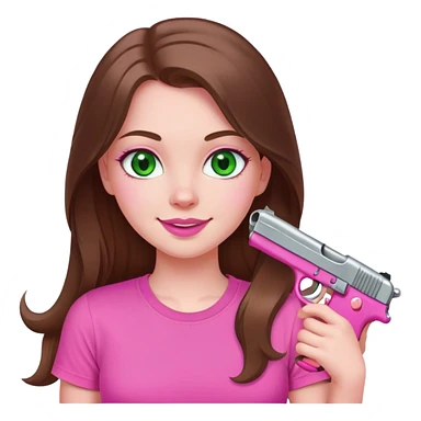 mid sized white skinned girl with green eyes and long brown hair holding a pink pistol smiling in a pink t-shirt with pink lips sticker