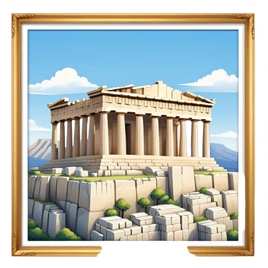 Cinematic Realistic Acropolis Landmark Emoji, showing the Parthenon standing proudly atop the Acropolis hill, with its marble columns glowing under the warm Athenian sunlight against a blue sky. sticker