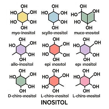 scientific infographic of inositol molecule at center surrounded by 9 isomeric forms: myo-inositol, scyllo-inositol, muco-inositol, neo-inositol, allo-inositol, epi-inositol, cis-inositol, D-chiro-inositol, L-chiro-inositol; each isomer labeled with its name; stylized molecular structures; pastel colors; white background; clean and didactic style sticker
