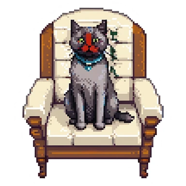 A gray cat with a black nose sitting on a throne looking at the world with disgust sticker