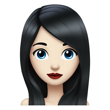 A girl with pale skin, long straight black hair, blue eyes with long eyelashes, red lips sticker