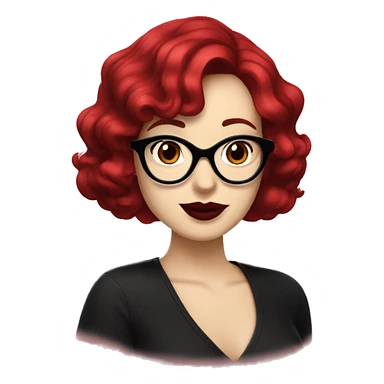 Woman with red wavy bobcut and black cateye glasses, pale skin and red lipstic sticker