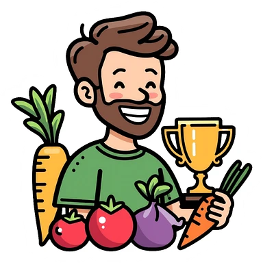 Happy gardener with trophy and prize vegetables sticker