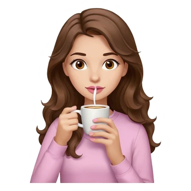 girl with wavy long brown hair, brown eyes, light to medium complexion, long lashes, light pink lipstick, wearing light pink shirt, sipping coffee sticker