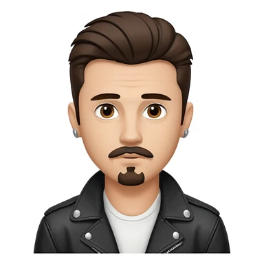 generate emoji style guy with slick James dean hair with front tendrils, mustache and goatee facial hair, wearing a white shirt and a black leather jacket , several silver piercings in ear, with dark brown hair and make eyes more almond shaped inspired by the image I shared sticker