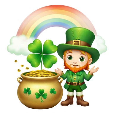Green glittery four leaf clover with a little leprechaun standing beside the pot of gold with a rainbow  sticker