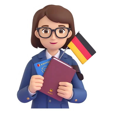 official-looking person with a passport and German flag, trustworthy and modern, 3D app icon sticker