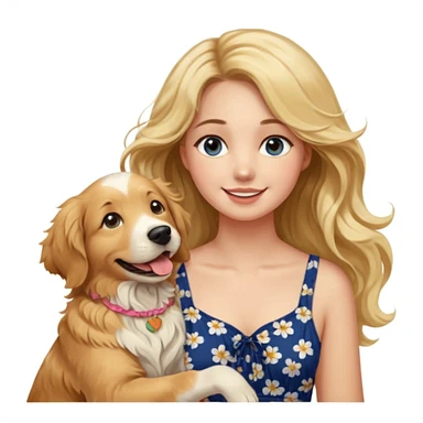 20-year-old woman with very long, wavy, blonder dirty blonde hair with brown highlights and dark blue eyes, petting an English cream golden retriever, sunset background, cheerful atmosphere sticker