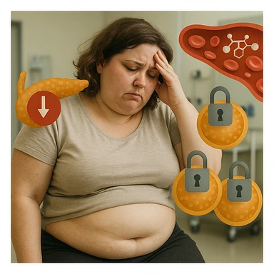 Realistic late 30s overweight woman with localized fat on abdomen and face, in a clinical environment. Expression of fatigue and frustration. Around: stylized pancreas with low insulin symbol, glucose in the blood, cells with closed padlocks. Realistic and symbolic style. sticker