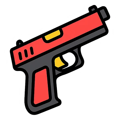 slanted hand gun in red and black colors, icon style sticker