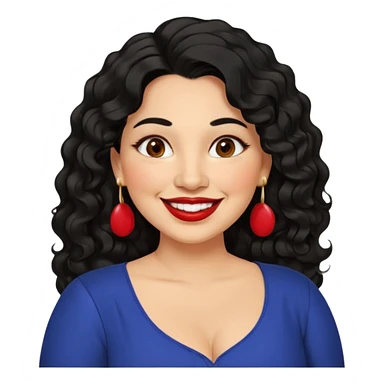 40 yr old Mexican woman, slightly chubby, wavy/curly long black hair, red lipstick, big smile, white teeth, brown eyes, hoop earings, side part to hair, round face, nice blouse, no wrinkle hair side swept, big hoop earing sticker