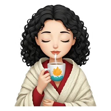 Gözleri kapalı, beyaz tenli ve dalgalı-kıvırcık siyah saçlı saç boyu orta omuzlarının biraz aşağısında bir kadın avatar, battaniyeye sarılmış halde beyaz bir Türk kahvesi fincanından içeceğini huzurla yudumluyor. sticker