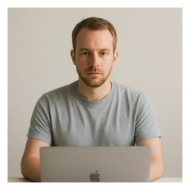 a white man in front of a laptop, neutral background sticker