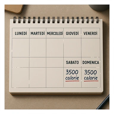 Hyperrealistic top-down view of a weekly calendar in Italian, showing days from Monday to Sunday. Only Saturday and Sunday have the text '3500 calorie' underlined in red below, with no red circle on Friday. 4K details, desk atmosphere. sticker