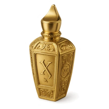 decorative ornate perfume bottle shape inspired by Xerjoff, with gold accents and luxurious feel, no characters, just bottle design sticker
