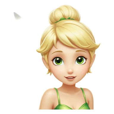 Cinematic Realistic Blonde Tinker Bell Fairy Portrait, head tilted playfully and inquisitively, showcasing a delicate pixie form with finely detailed, golden blonde hair and softly glowing, translucent wings that catch the light with a cascade of fairy dust. Her bright, curious eyes sparkle with mischief and wonder, rendered with lifelike clarity and warm, gentle lighting that captures the essence of a spirited, charming fairy ready to flutter playfully into your heart. sticker
