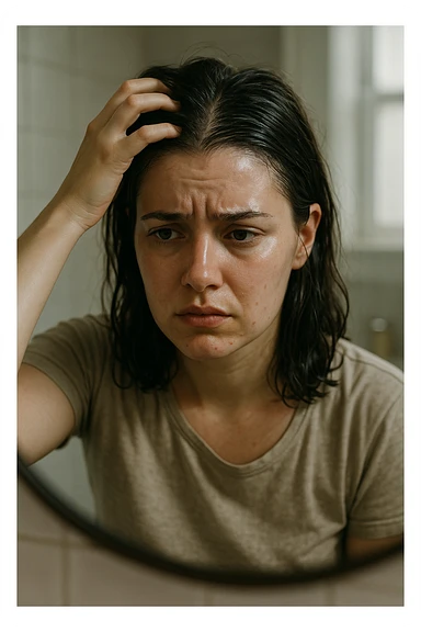 A realistic, cinematic portrait of a young woman in her late 20s sitting in front of a mirror, visibly frustrated. Her skin appears oily with a shiny forehead and cheeks, while her dark hair looks greasy and clumped, suggesting excessive sebum production. She lightly touches her scalp with concern while observing her reflection. Her expression is a mix of exhaustion and discomfort, emphasizing the emotional burden of these symptoms. The bathroom setting is softly lit with neutral daylight, reflecting a realistic environment. Subtle details such as small acne spots on the jawline and chin highlight androgen-related PCOS symptoms. Style: clean, detailed, 35mm realism with soft depth of field to keep focus on her expression and the greasy hair texture, while the background remains minimal to maintain emotional impact sticker