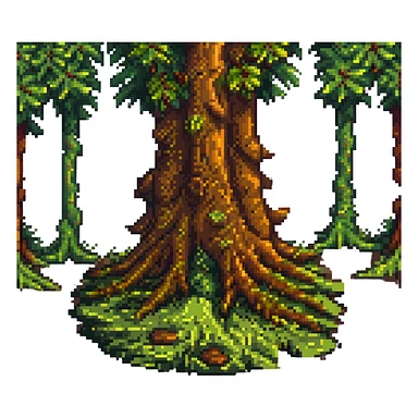 moss at the bottom of a tree trunk, pixel art style, blocky shapes, vibrant green and brown palette sticker