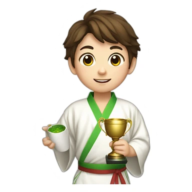 a 12-year-old boy with brown hair with a prize cup high in his hand in a white kimono with a green belt sticker
