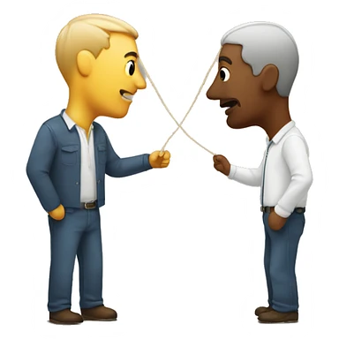 a man leads another man by a string, but the string is tied to his nose sticker