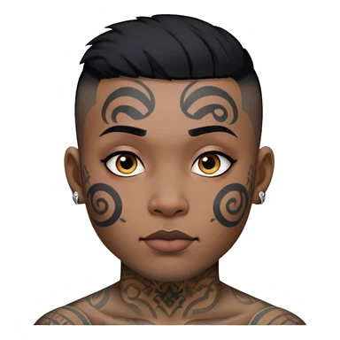 nam 30 tuổi, da đen, tóc undercut ngắn đen, có hình xăm trên mặt sticker