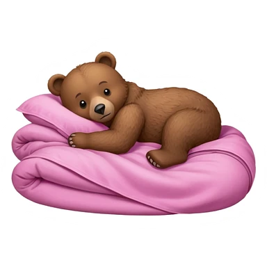 A brown bear lying on its side in a pink bed, curled up under the covers, trying to get comfortable. sticker