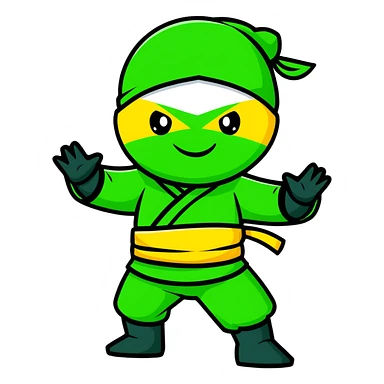 A confident ninja in yellow, green and black merged colors, smiling and saying "HI" sticker