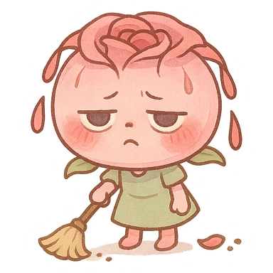 chibi style round pink rose flower, puffed cheeks, tired eyes, sweeping the floor, petals drooping, pastel colors, full-body sticker