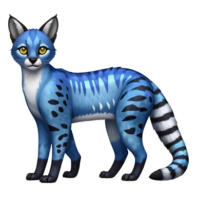 Colorful dark tropical cobalt-blue, black, white fur, with g yellow eyes, iridescent glorious divine exotic cute cool beautiful shiny beautiful fantasy-caracal-civet-genet-sergal-vernid-Cacomistle-oncilla-animal-Fakémon-hybrid-fursona with pattern markings (full body) sticker