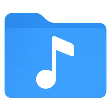 Create a very simple flat color clip art style music library folder icon. Match the blue folder icon design with minimal details. The folder should have a white music note on it. No text. Transparent background. sticker