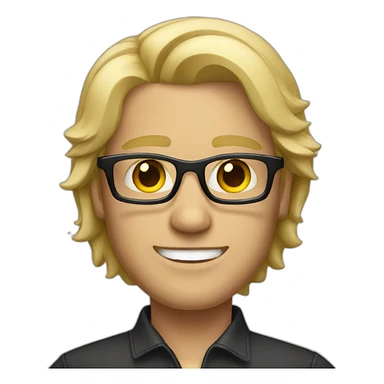 a man with blond hair with black glasses with small smile sticker