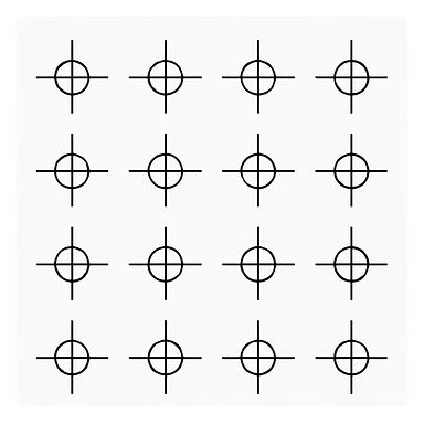 a series of layout markings spaced in an even symmetrical grid, as in camera viewfinder crosshairs. black and white high contrast, precision optics sticker