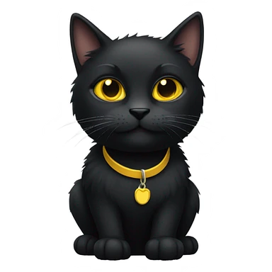 a black furry cat with yellow eyes and a collar  sticker
