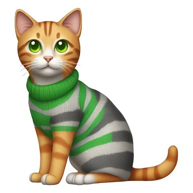 A striped grey cat with green eyes with orange sweater in full growth sticker