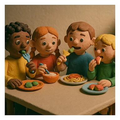 Children eating, matte, plasticine claymation with visible fingerprints and pastel colors. sticker
