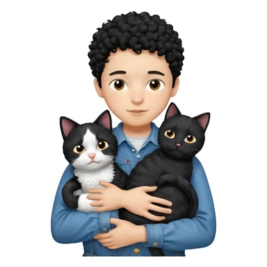 Apple emoji of a 13-year-old boy with short black curly hair, light skin, dark brown eyes, wearing a denim shirt and overalls, hugging a black and white cat. sticker