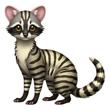 Feral Rare Fantasy shaded detailed colorful Genet-Trico-Civet-Cacomistle-Margay-species by LiLaiRa,, with white stripes with dark-blackish points, white belly, random markings, tufted tail, tufted ears, full body sticker