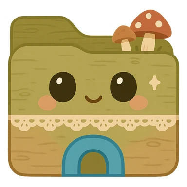 File Explorer folder icon in cottagecore style with soft earthy tones, rustic wooden textures, moss, mushrooms, lace, and a bright blue archway at the bottom matching the original File Explorer icon, no words or text sticker