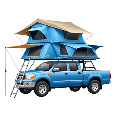 A blue pickup truck with a roof tent on top sticker