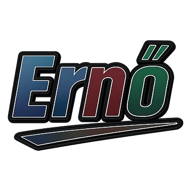 Ernő name in masculine, modern, gradient font with dark contour, thin and clearly visible white border around letters, dynamic slanted underline, masculine color shades (blue, gray, burgundy, green, brown), 1000x1000 px, PNG, transparent background, in the style of the uploaded Attila sample. sticker