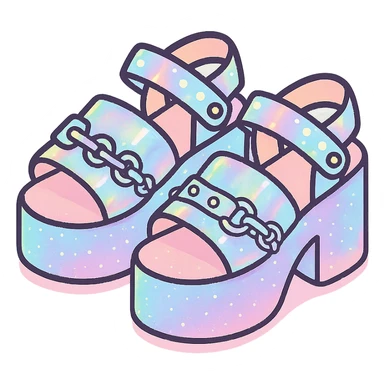 Add a holographic effect to the black-to-pastel pink gradient platform sandals with silver studs and chains, subtle glitter, kawaii style, no socks, no hearts, transparent background sticker