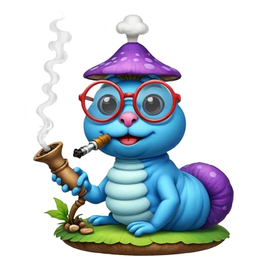 blue caterpillar with round glasses smoking a hooka pipe on top of a mushroom sticker