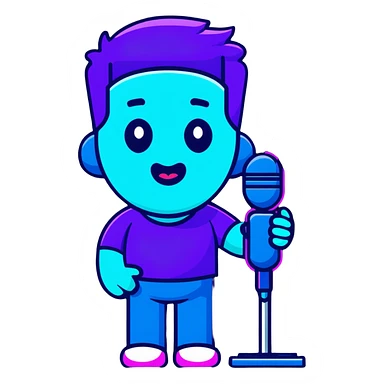 man speaking into a microphone, with neon glow effect, blue neon glow on top left, purple neon glow on bottom right sticker