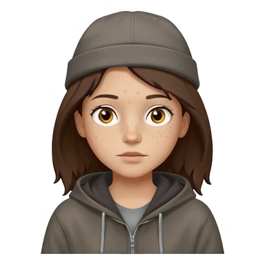 Hobo tomboy with light skin, freckles, shoulder-length center-parted dark brown hair. brown eyes, dark dull brown hoodie, grey shirt. Flat crown bolero hat sticker