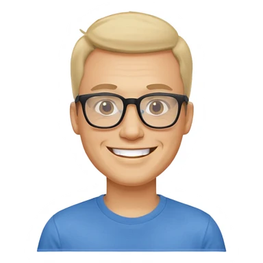 portrait of adult man, wearing a t-shirt, square glasses, grinning face sticker