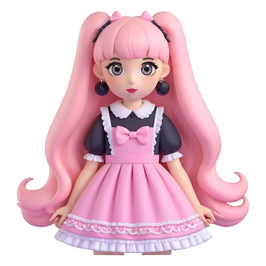 pale girl with straight long black and baby pink swirled hair with bangs, grey eyes, doll-like makeup, wearing a light pink lolita hime gyaru dress, 3D emoji style sticker